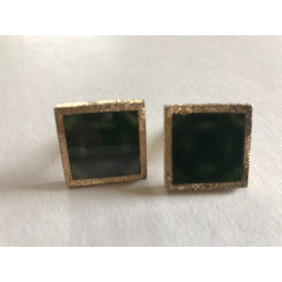 Vintage 1950's Square Cufflinks With Green Inlaid Gold Edges Stamped Sterling - Picture 2 of 10